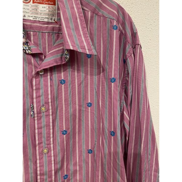 Robert Graham Shirt Mens XL Multi Stripe Button Up Blue Floral Embroidery - Picture 2 of 5